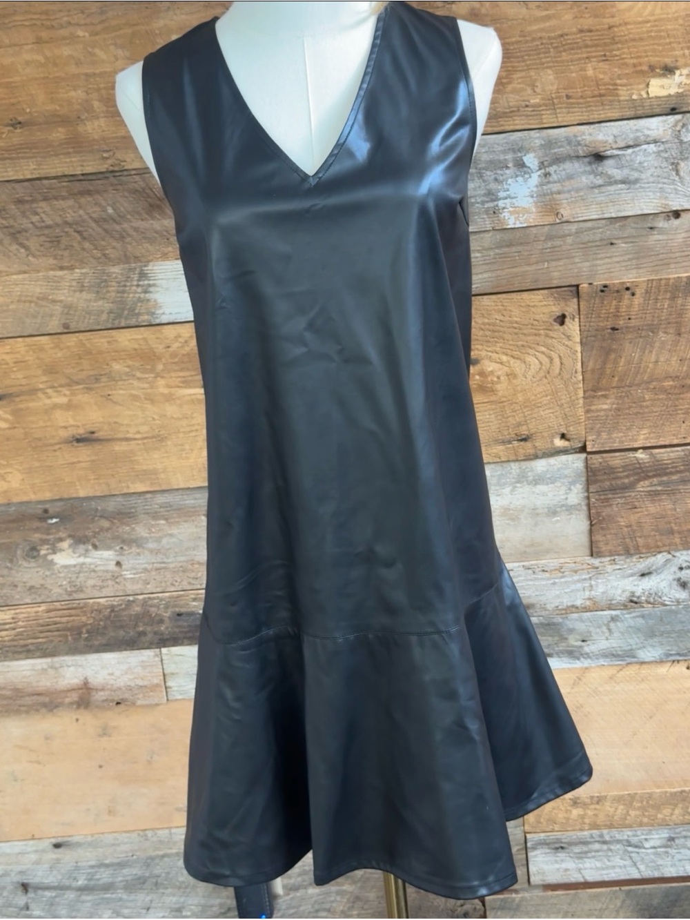 VENUS Faux Leather Mini Dress Black V-Neck Sleeveless Flared Hem M